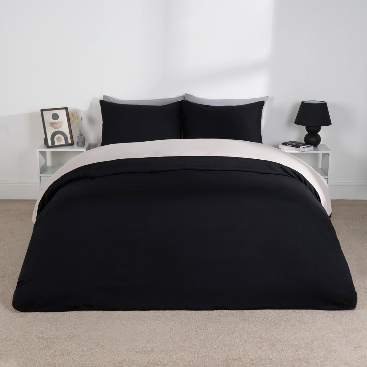 Brentfords Reversible Duvet Cover Set - Black/Natural>