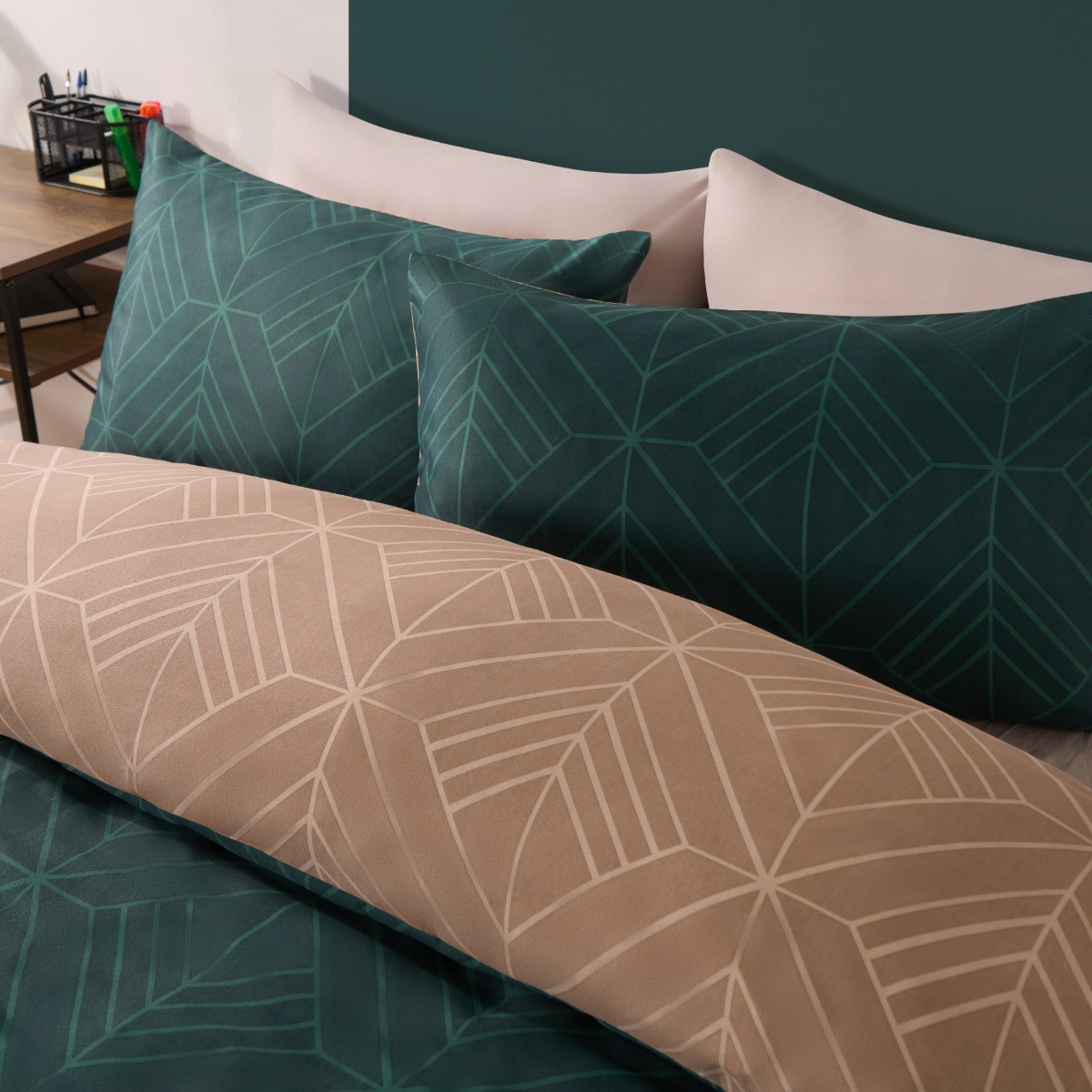 OHS Isaac Geometric Duvet Cover Set, Teal/Natural - King>