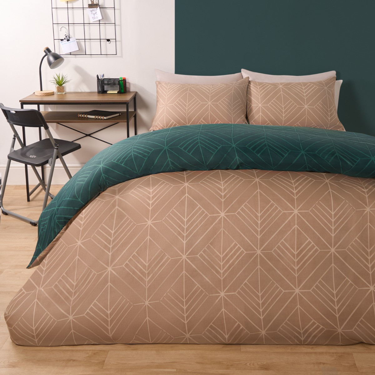 OHS Isaac Geometric Duvet Cover Set, Teal/Natural - King>