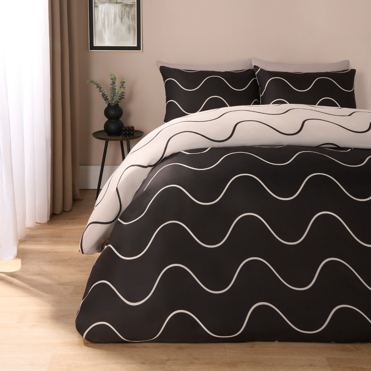 OHS Waved Lines Print Duvet Cover Set, Monochrome- King>