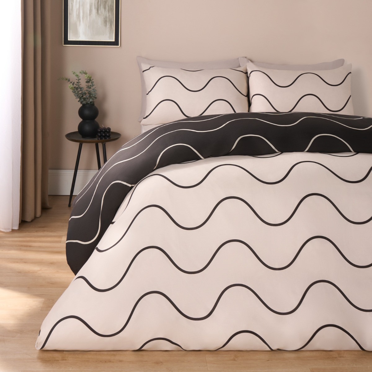 OHS Waved Lines Print Duvet Cover Set, Monochrome- King>