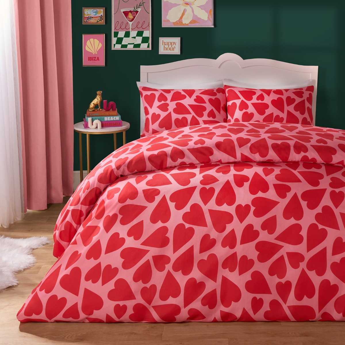 OHS Hearts Print Duvet Cover Set - Pink/Red>