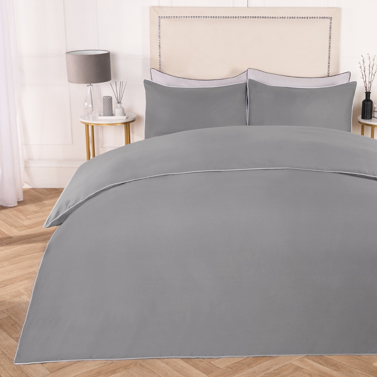 OHS Piped Edge Duvet Set - Grey/White>