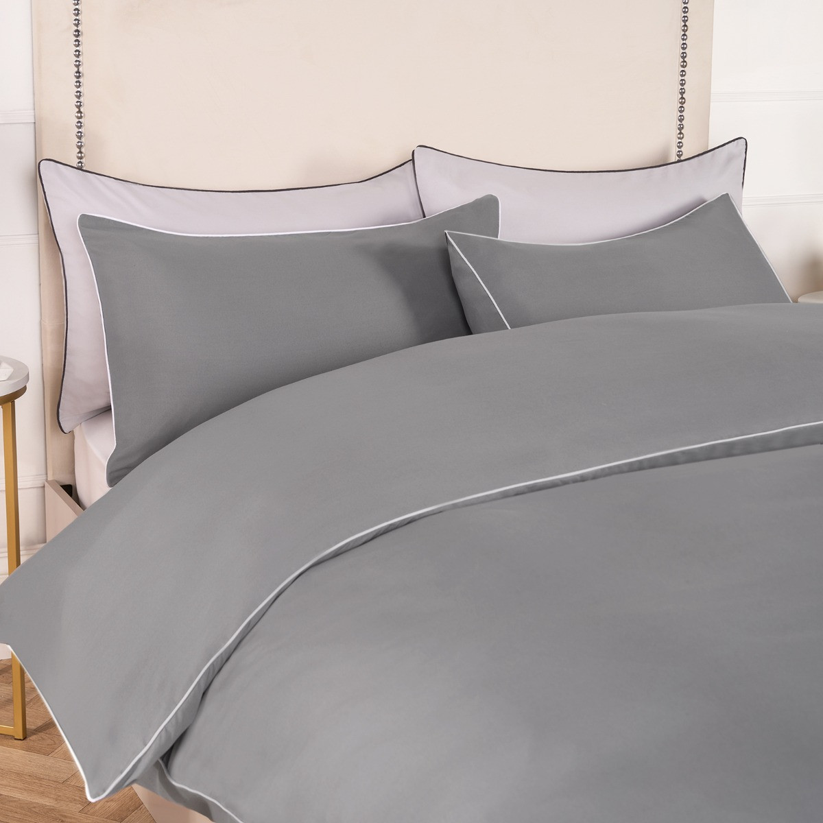 OHS Piped Edge Duvet Set - Grey/White>