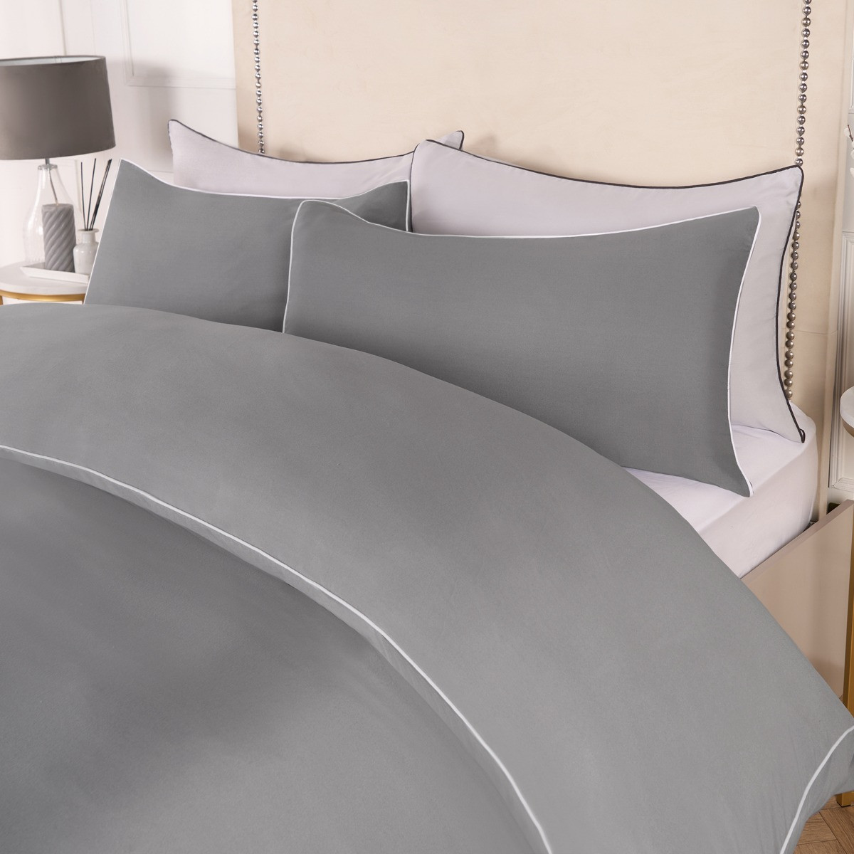 OHS Piped Edge Duvet Set - Grey/White>