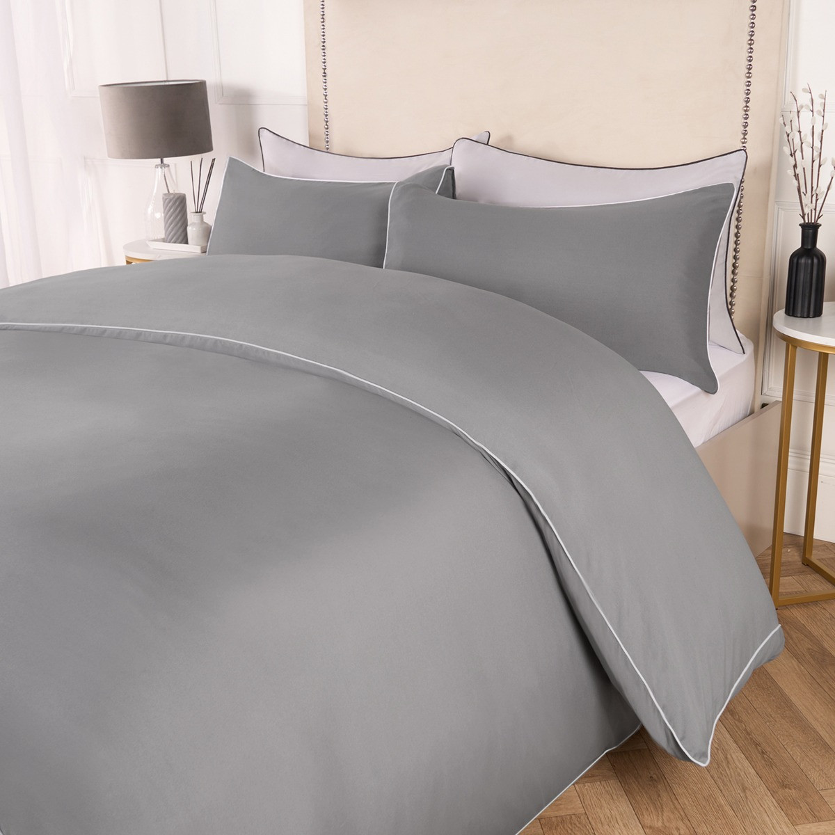 OHS Piped Edge Duvet Set - Grey/White>