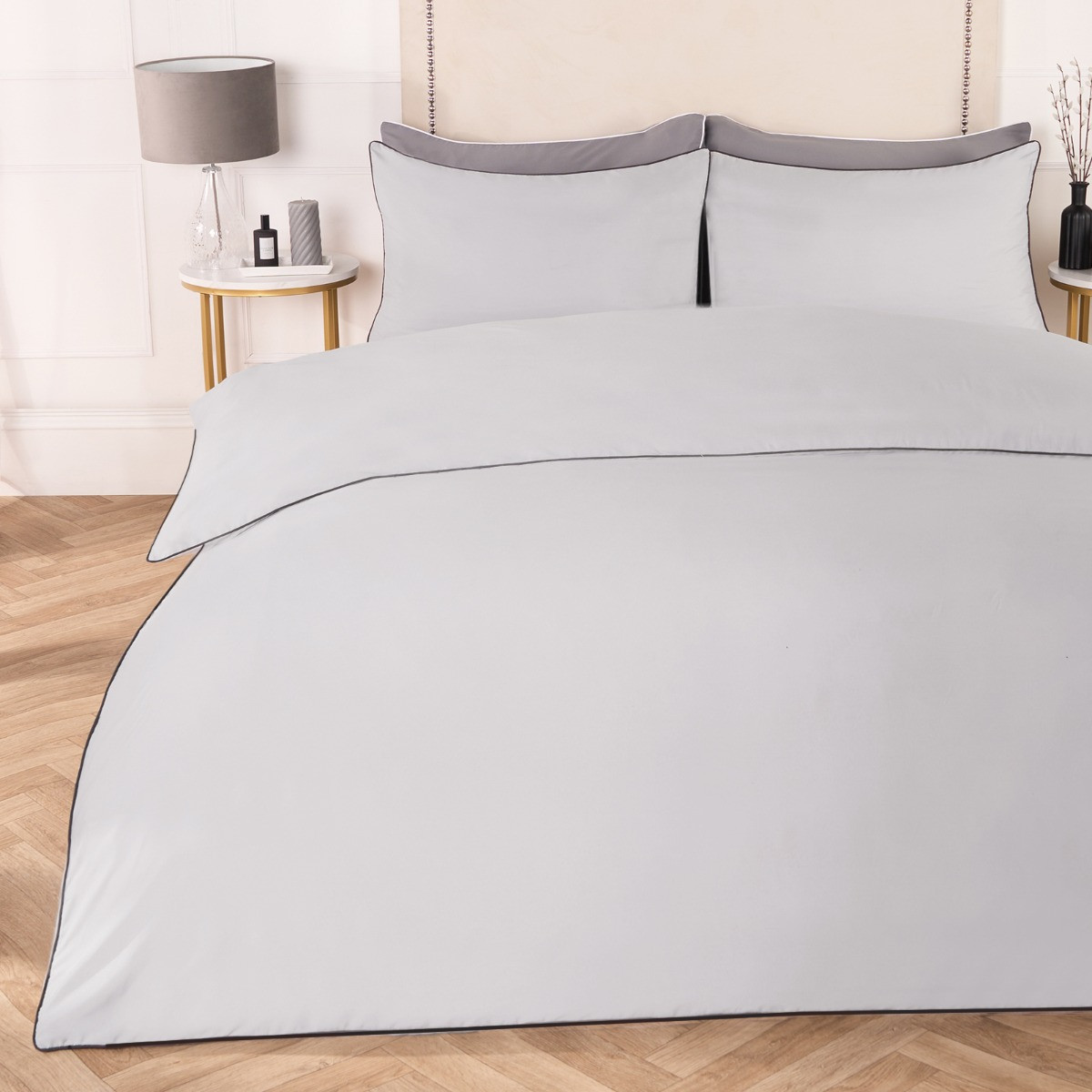 OHS Piped Edge Duvet Set, Silver/Grey - Single>