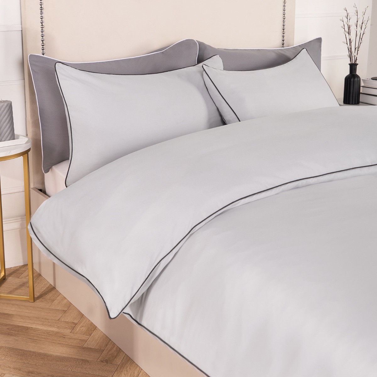 OHS Piped Edge Duvet Set, Silver/Grey - Single>