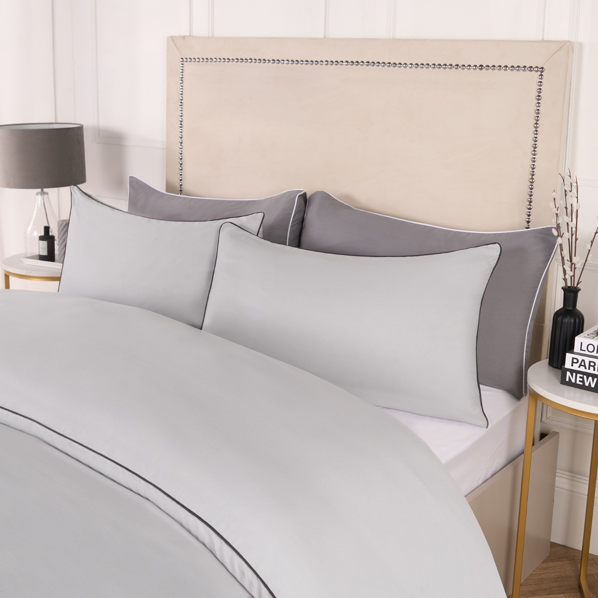 OHS Piped Edge Duvet Set, Silver/Grey - Single>
