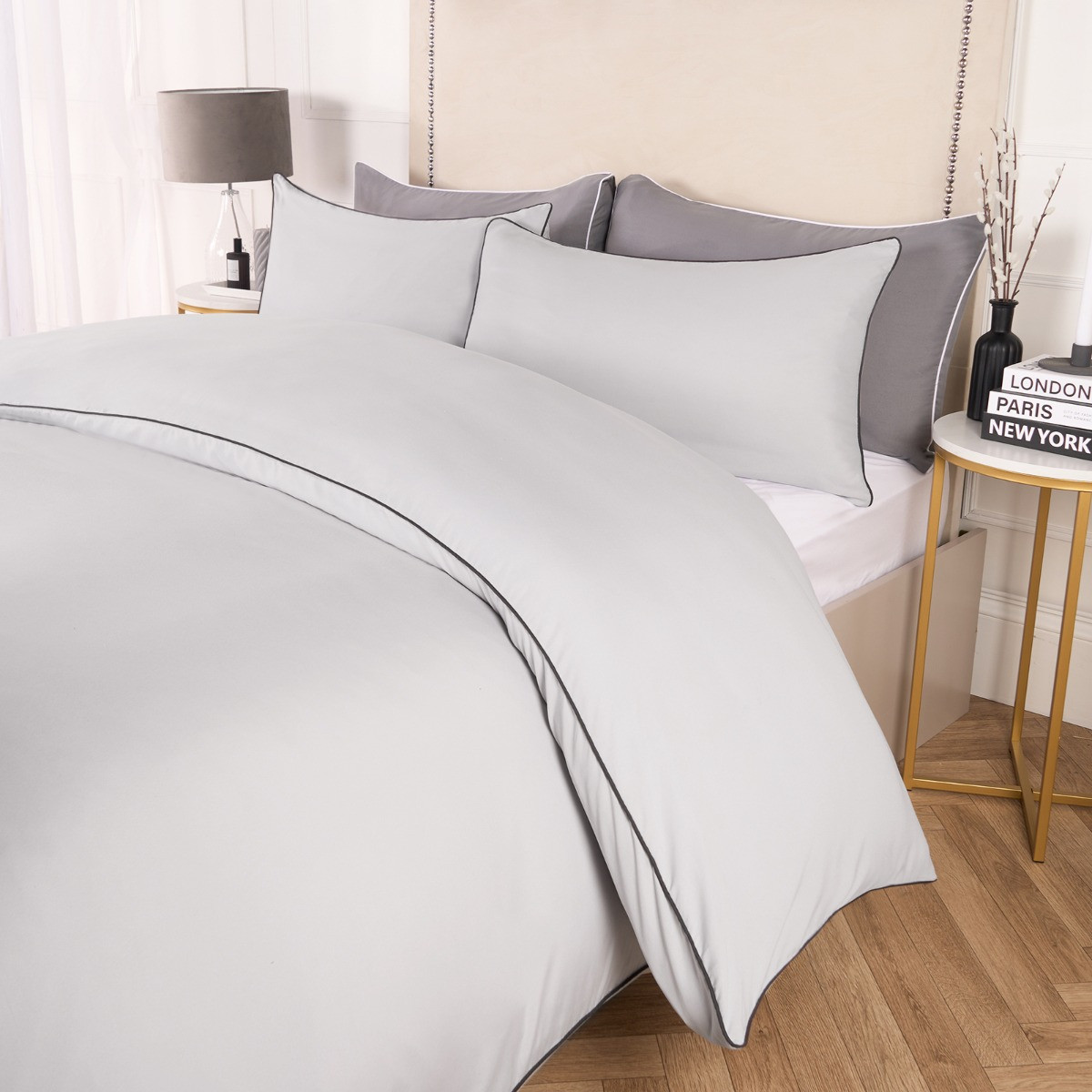 OHS Piped Edge Duvet Set - Silver/Grey>