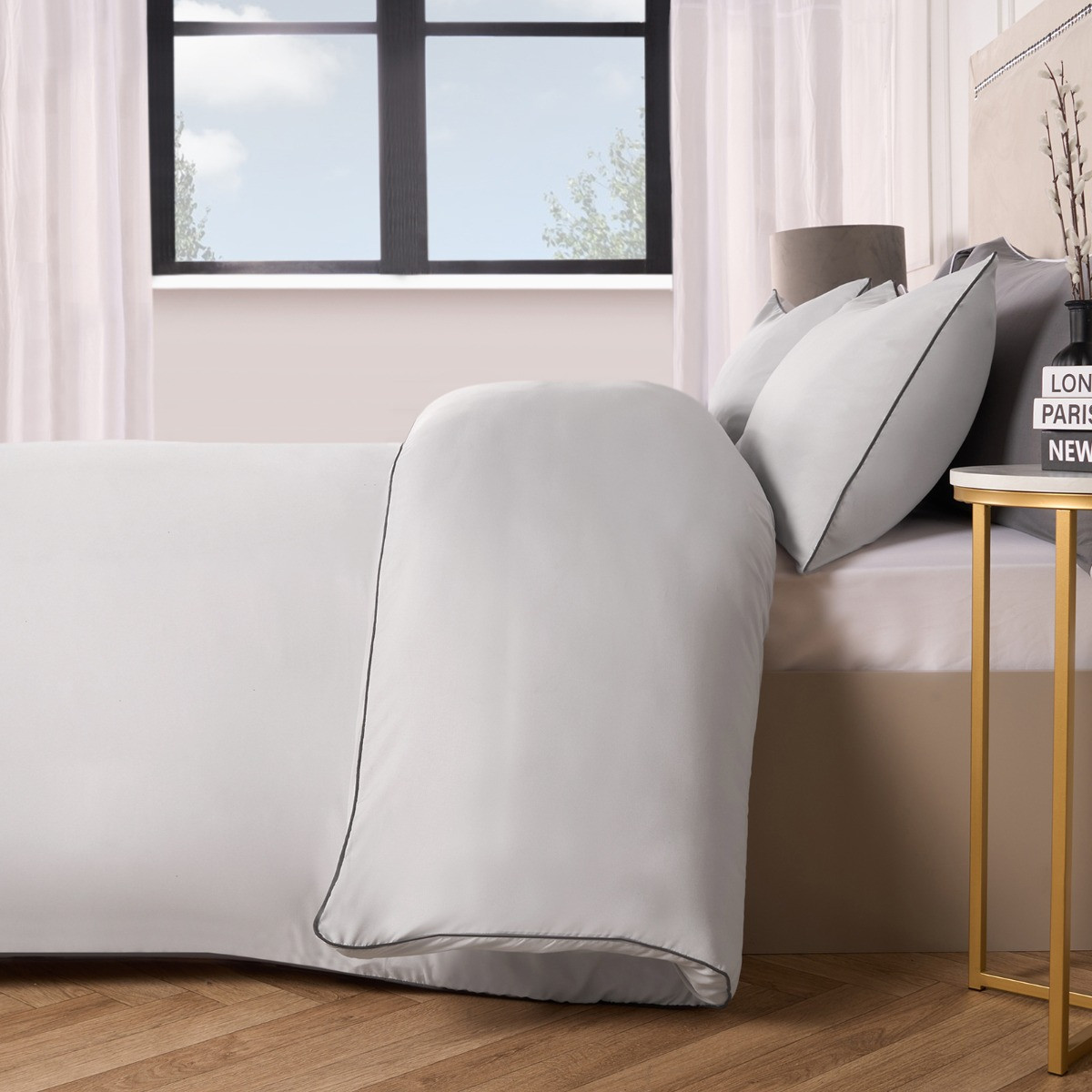OHS Piped Edge Duvet Set, Silver/Grey - Single>