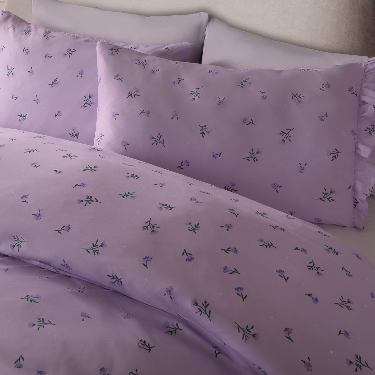 OHS Lavender Floral Frill Edge Duvet Cover Set, Lilac - King>