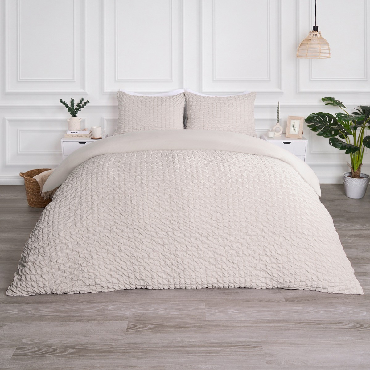 OHS Geometric Seersucker Duvet Set, Natural - King>