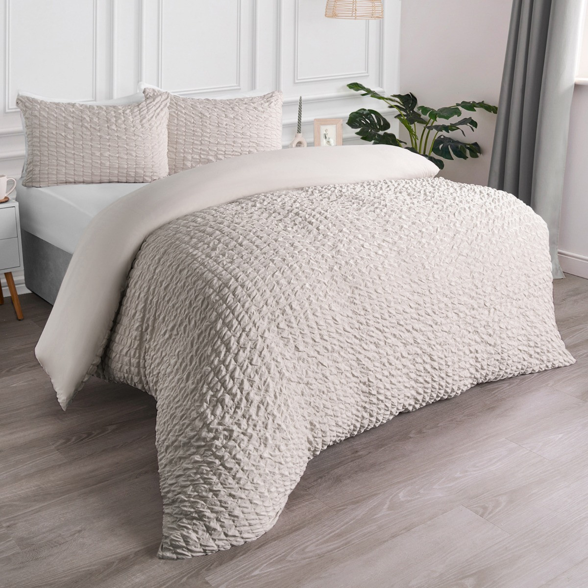 OHS Geometric Seersucker Duvet Set, Natural - King>