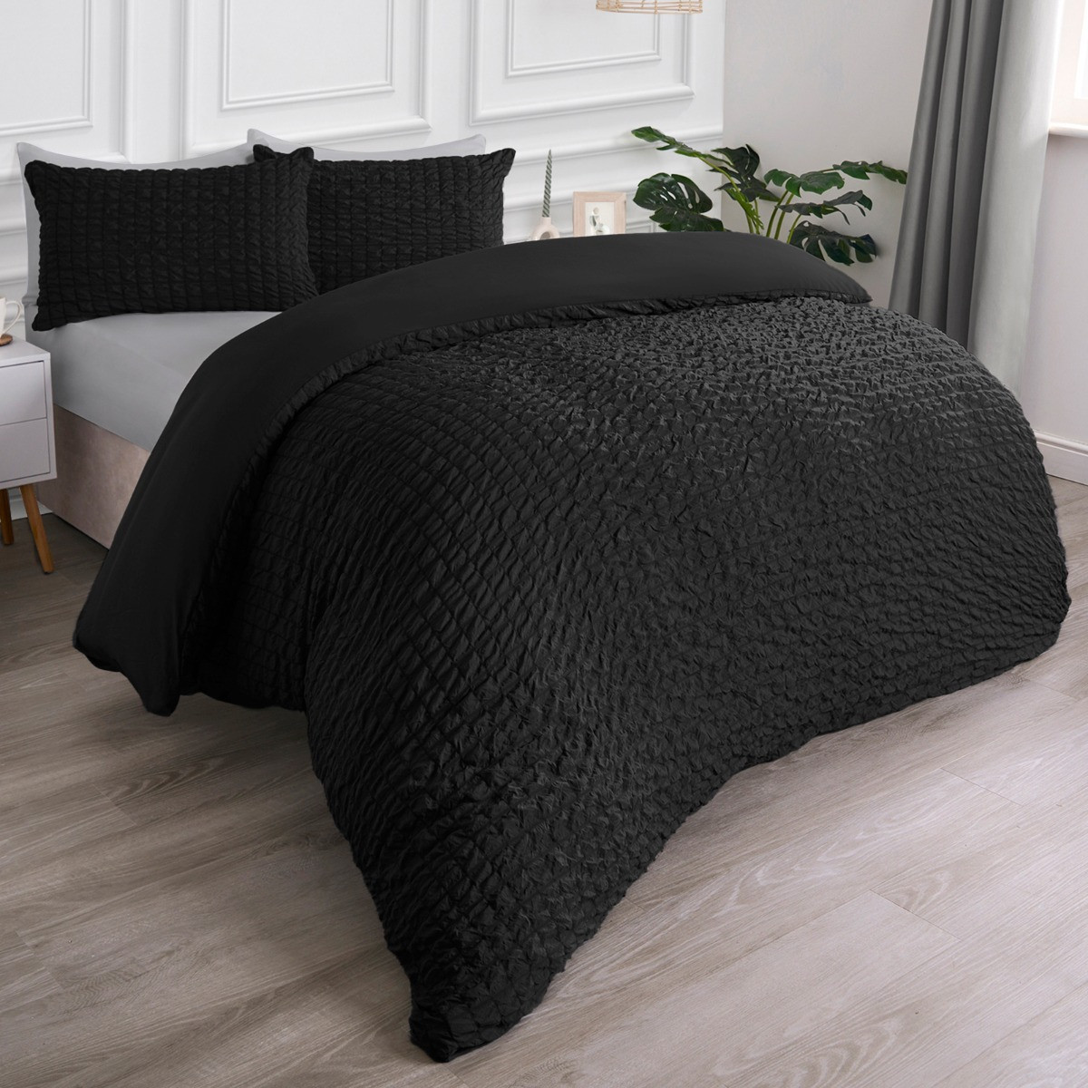 OHS Geometric Seersucker Duvet Set - Black>