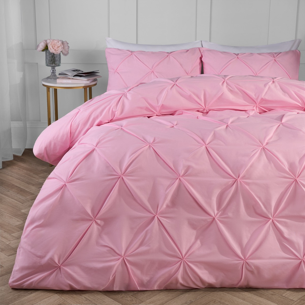 Highams Diamond Pintuck Pinch Pleat Duvet Cover Set - Pink>