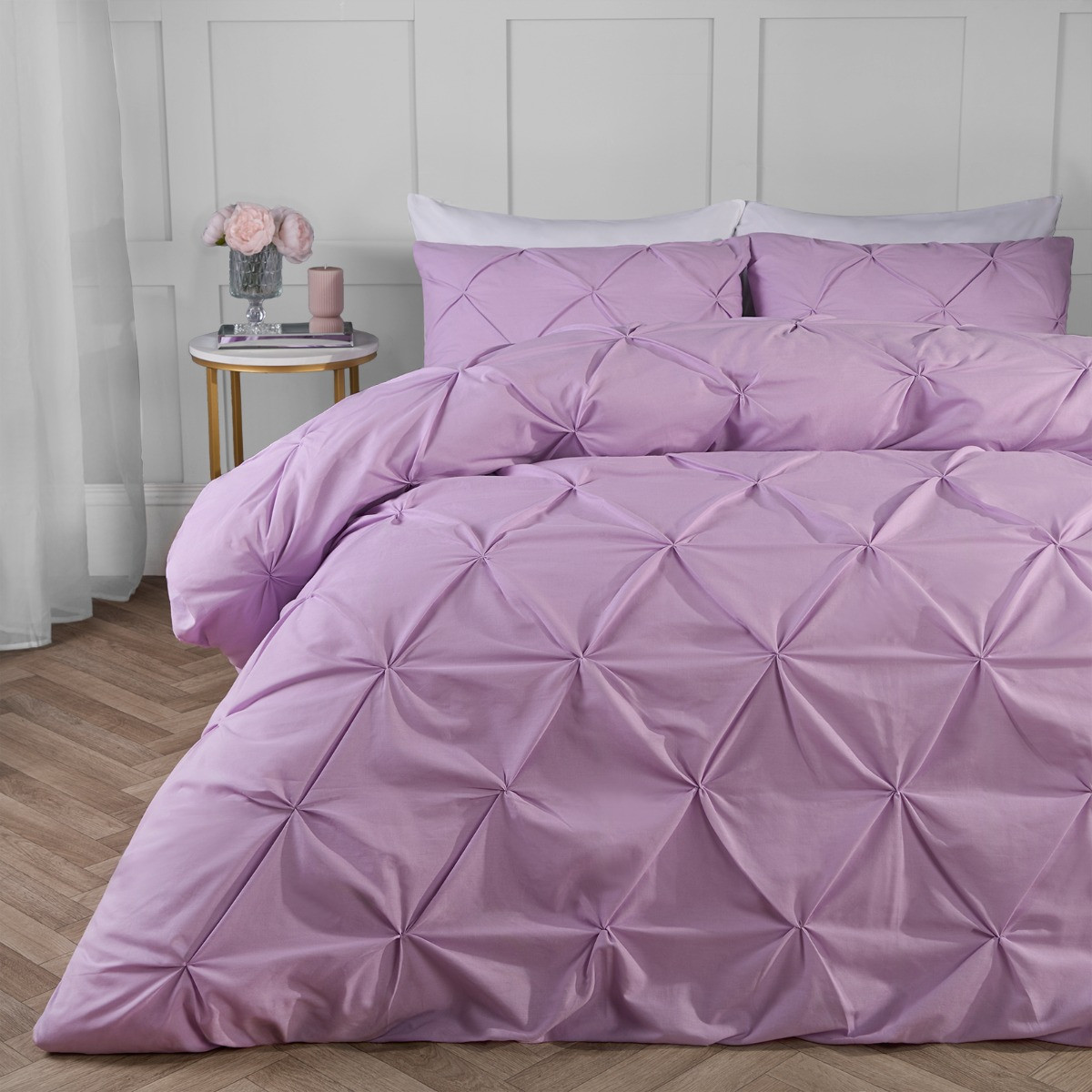 Highams Diamond Pintuck Pinch Pleat Duvet Cover Set - Lilac>