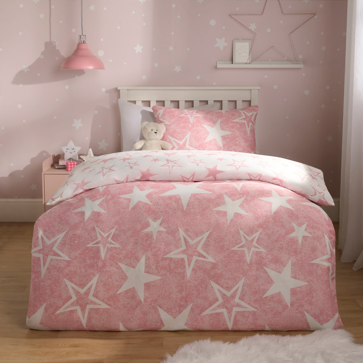 OHS Star Print Reversible Duvet Cover Set, Pink/White - Single>