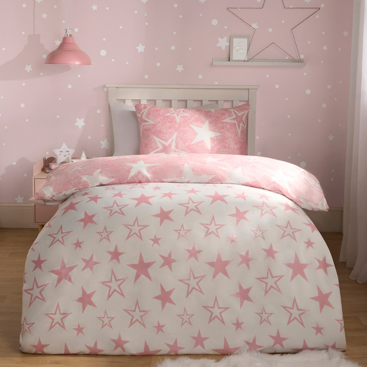 OHS Star Print Reversible Duvet Cover Set, Pink/White - Single>