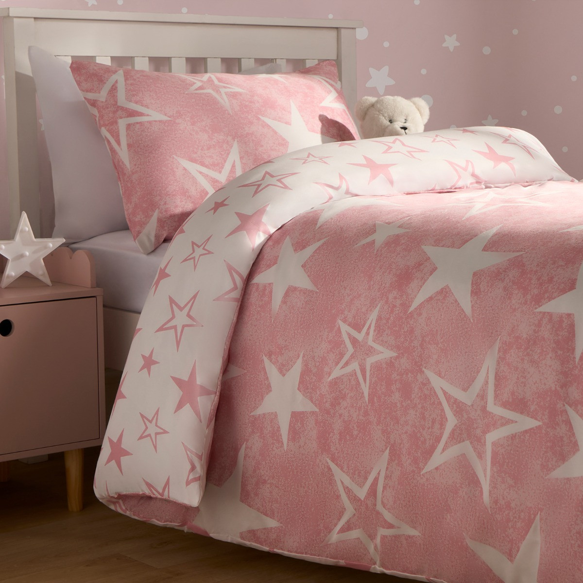 OHS Star Print Reversible Duvet Cover Set, Pink/White - Single>