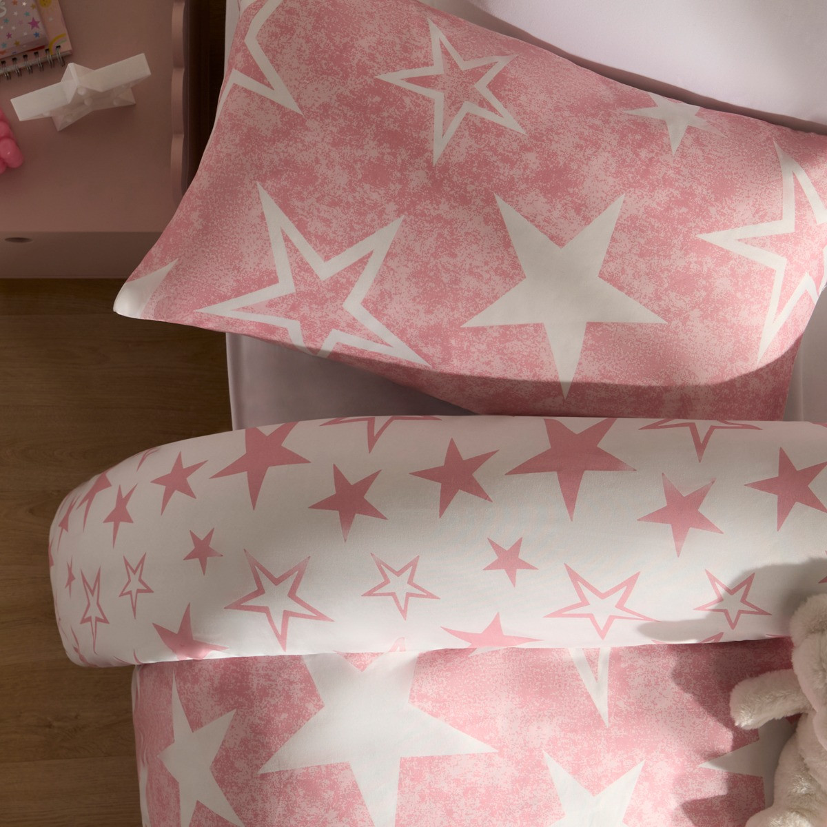 OHS Star Print Reversible Duvet Cover Set, Pink/White - Single>