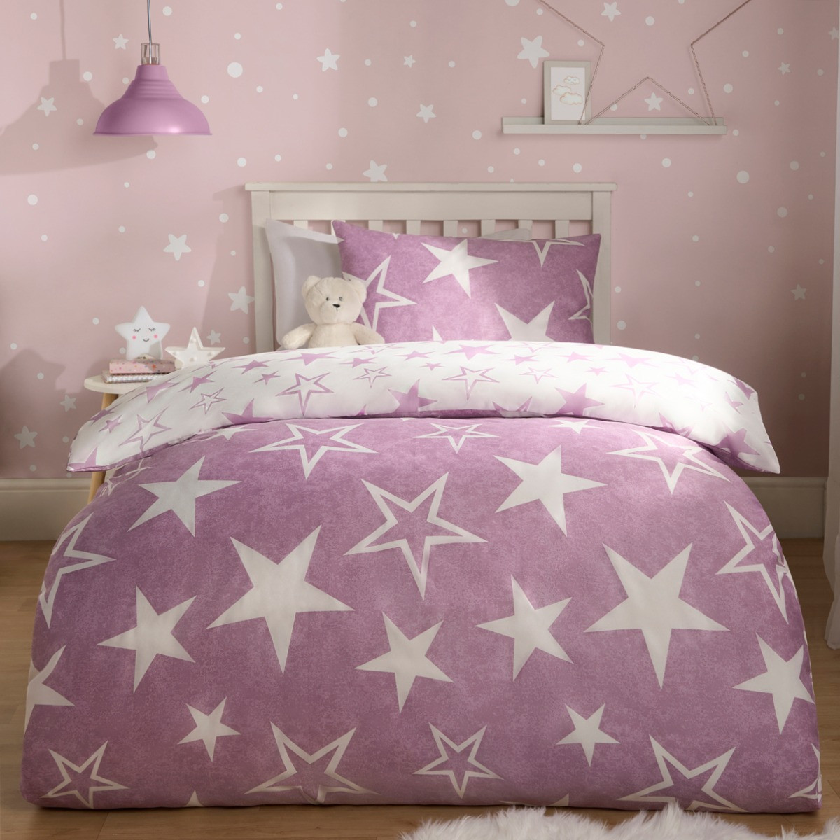 OHS Star Print Reversible Duvet Cover Set, Purple/White - Single>