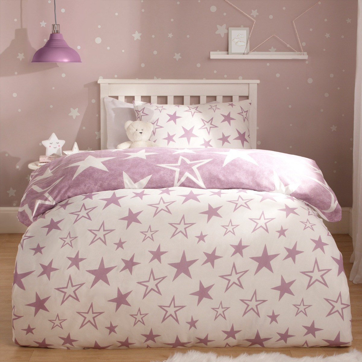 OHS Star Print Reversible Duvet Cover Set, Purple/White - Single>