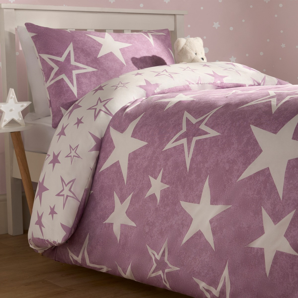 OHS Star Print Reversible Duvet Cover Set, Purple/White - Single>