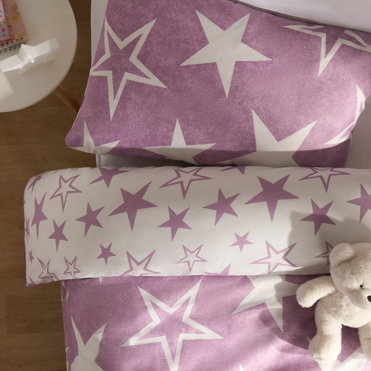 OHS Star Print Reversible Duvet Cover Set, Purple/White - Single>