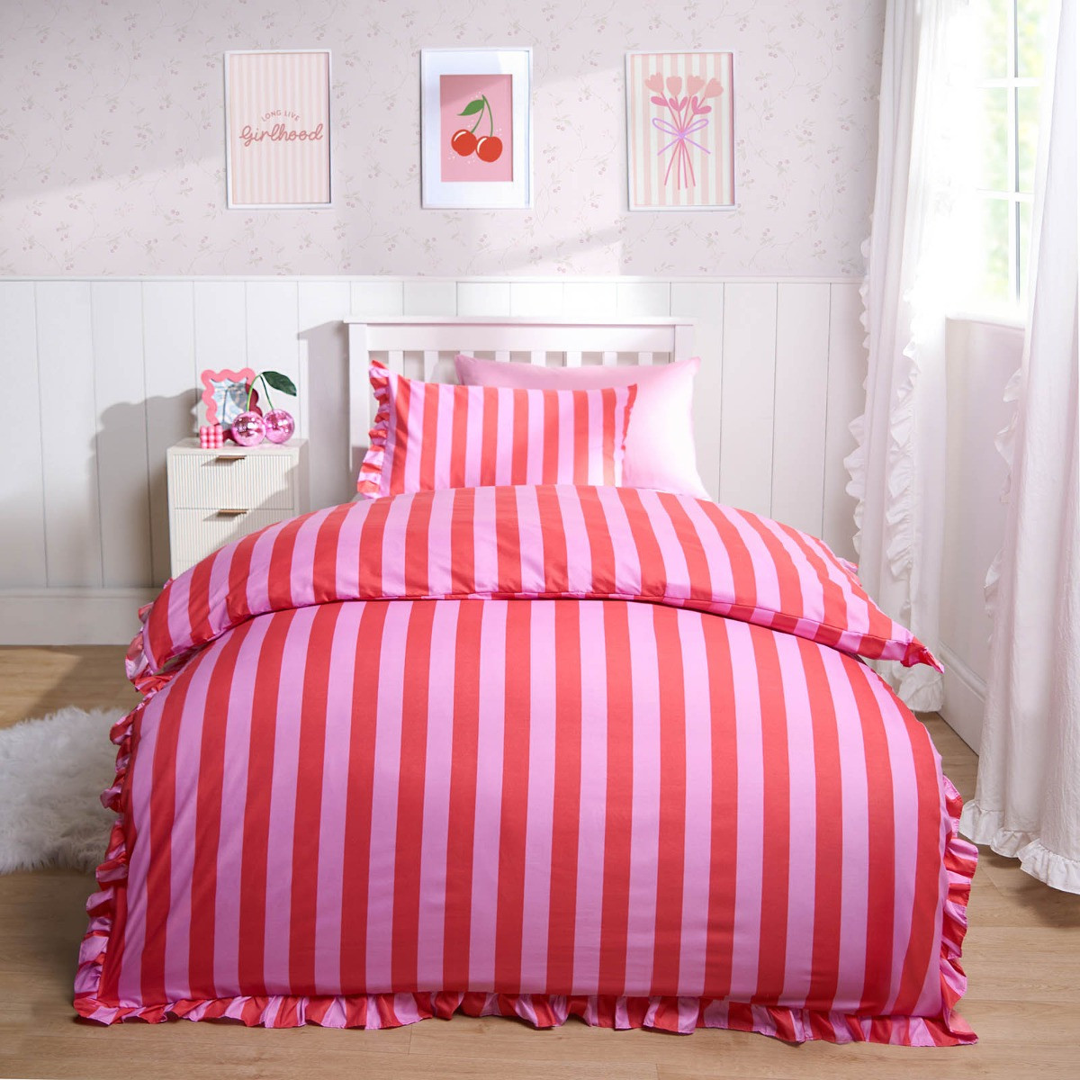 OHS Stripe Frill Duvet Cover Set, Pink/Red - Single>
