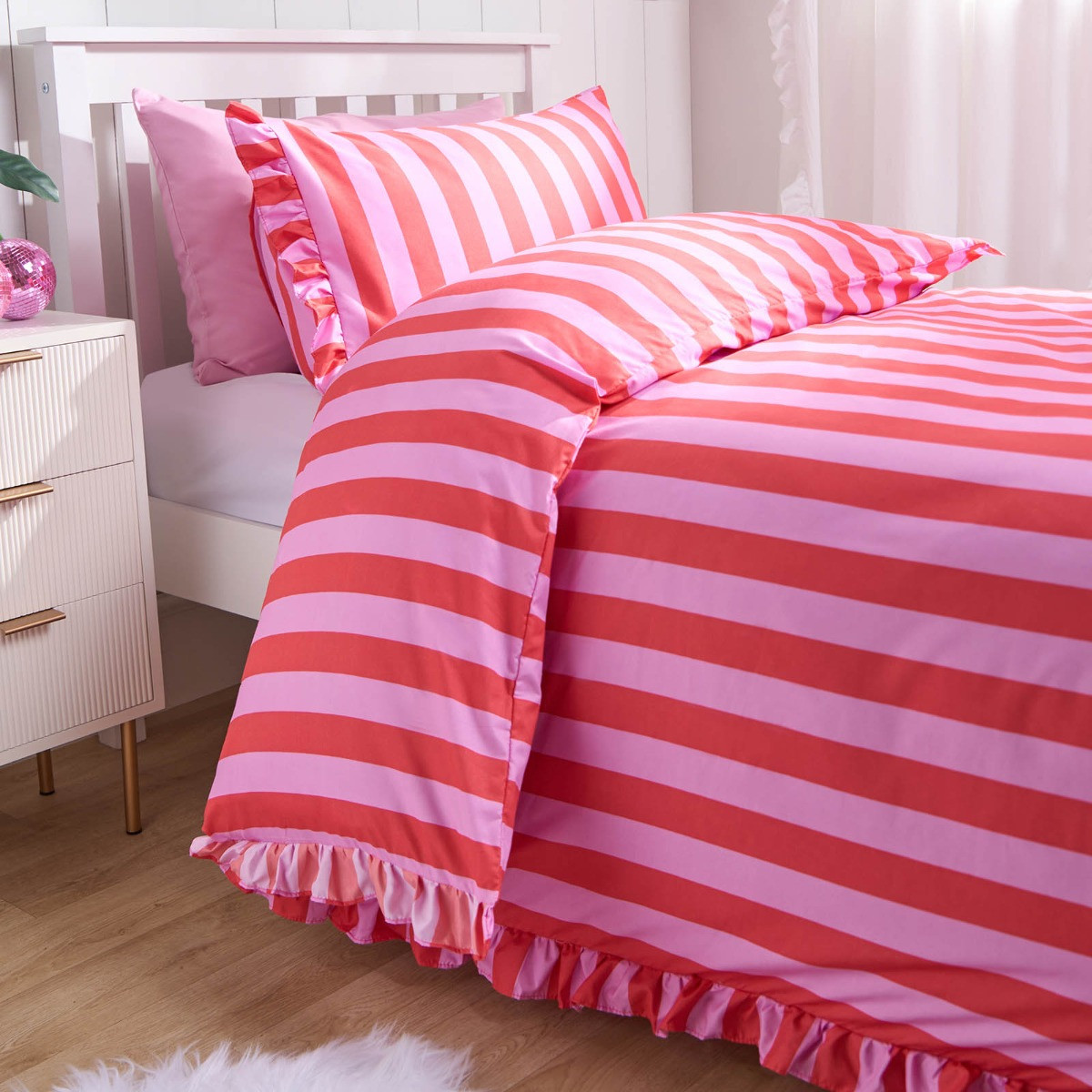 OHS Stripe Frill Duvet Cover Set, Pink/Red - Single>