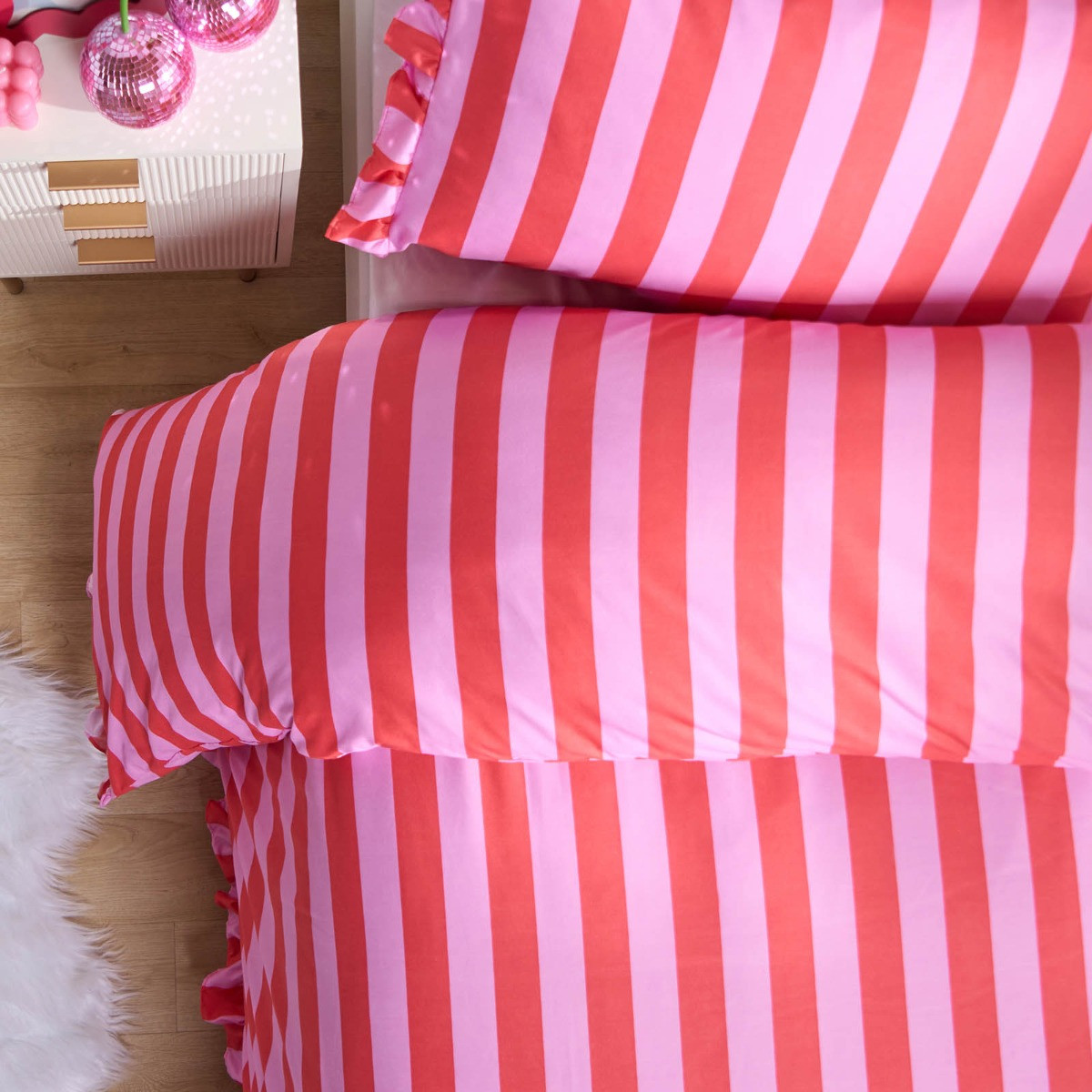 OHS Stripe Frill Duvet Cover Set, Pink/Red - Single>