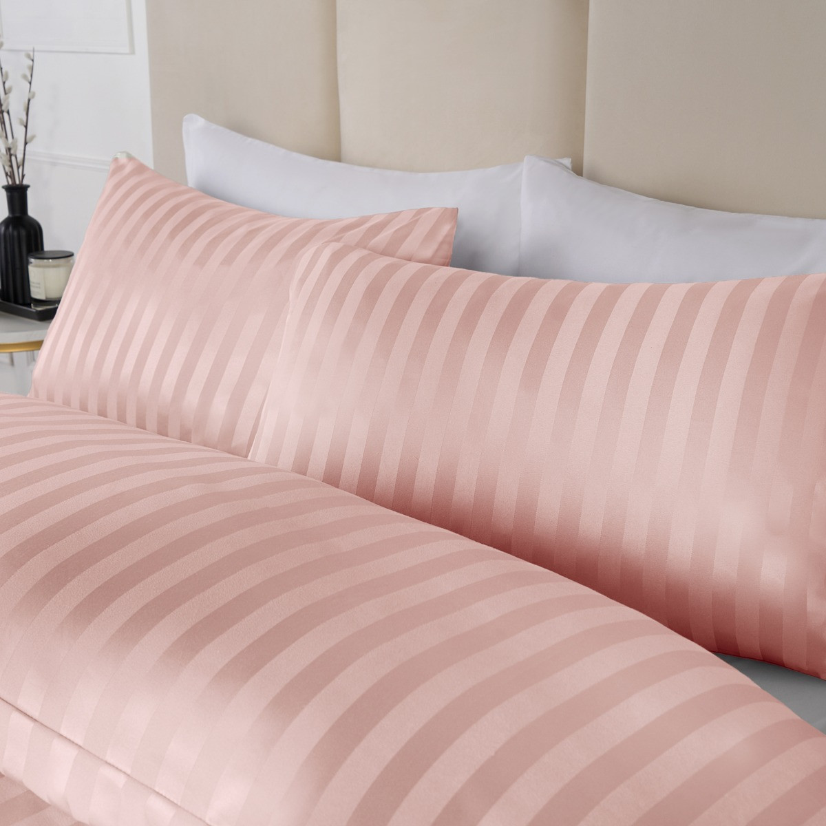 OHS Satin Stripe Duvet Set - Blush>