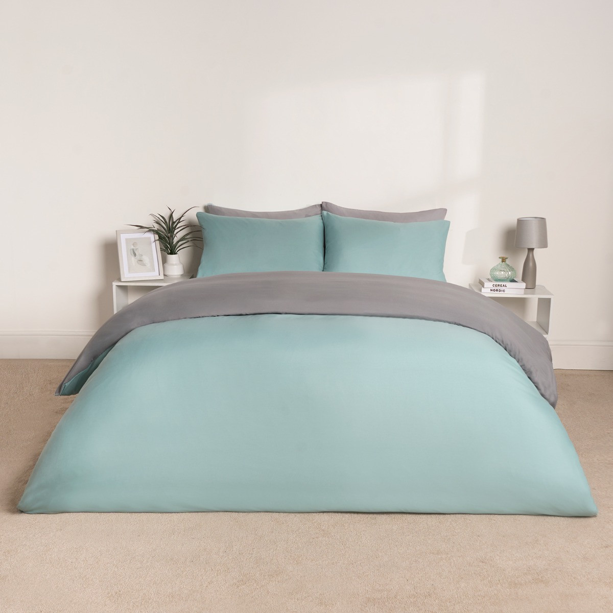 Brentfords Reversible Duvet Cover Set, Duck Egg/Grey -  King>