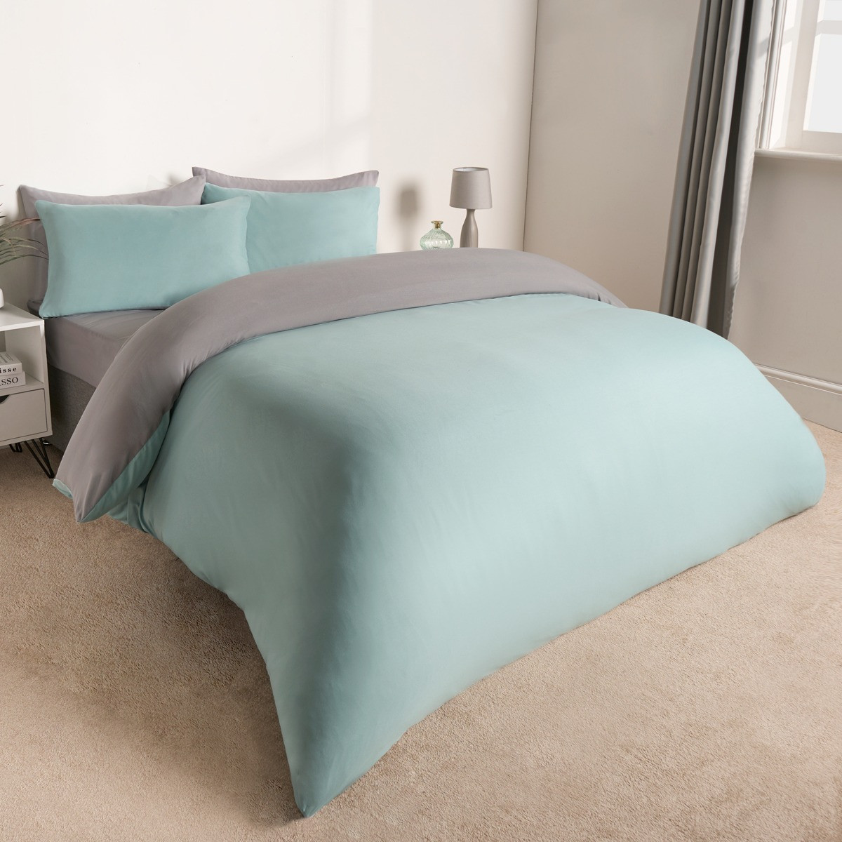 Brentfords Reversible Duvet Cover Set, Duck Egg/Grey -  King>
