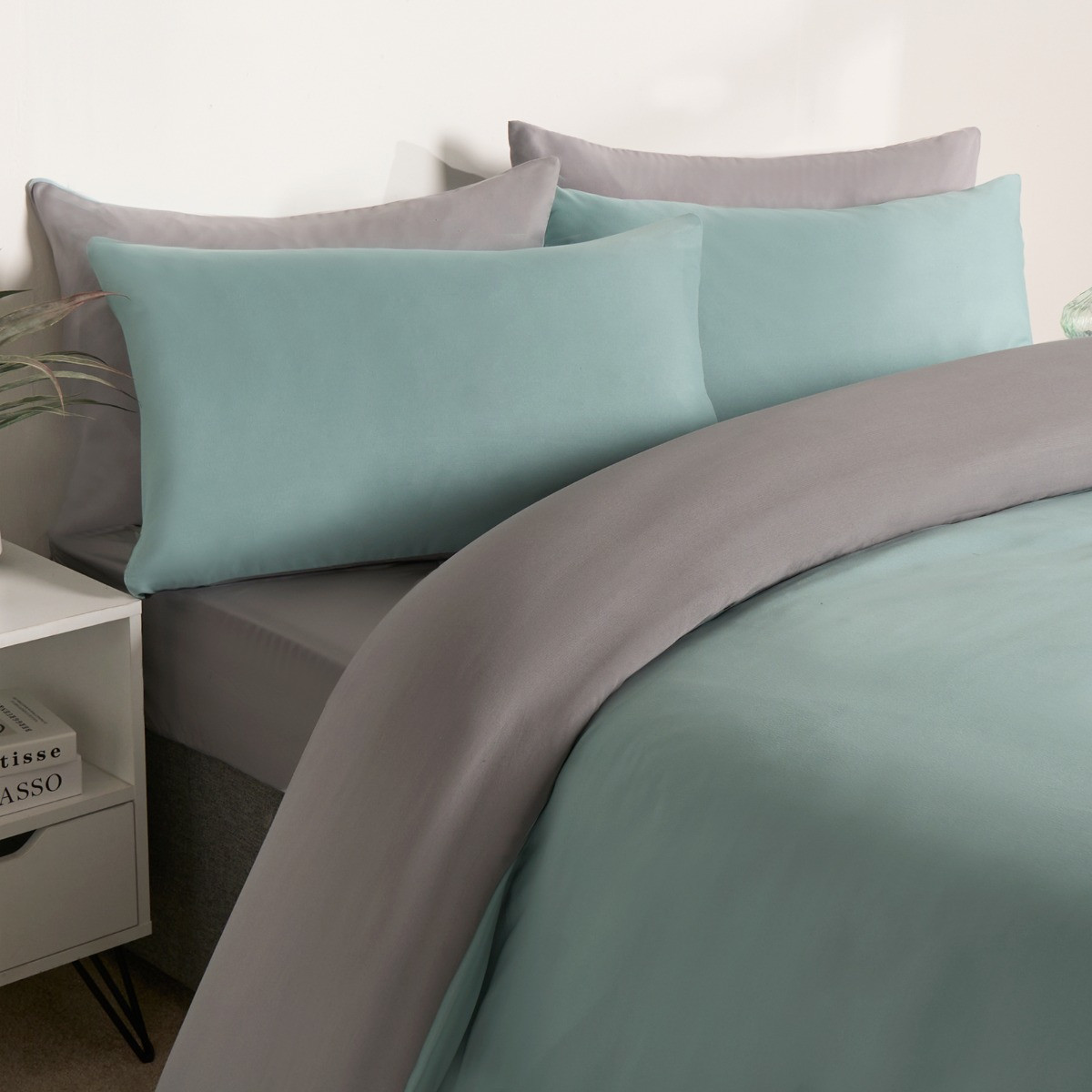 Brentfords Reversible Duvet Cover Set, Duck Egg/Grey -  King>