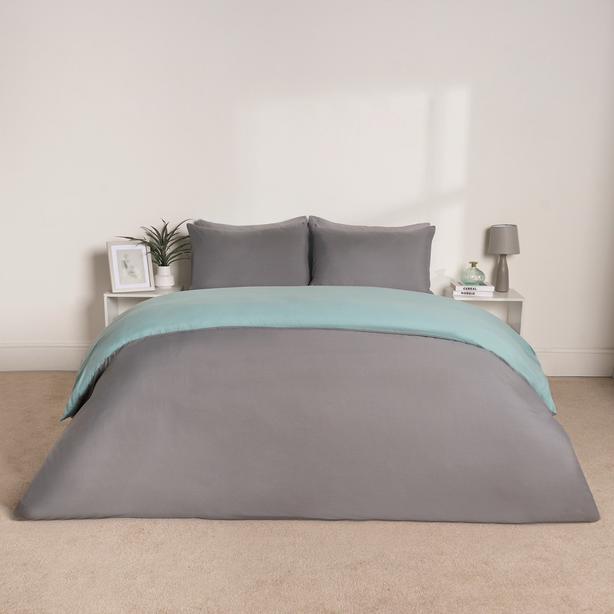 Brentfords Reversible Duvet Cover Set, Duck Egg/Grey -  King>