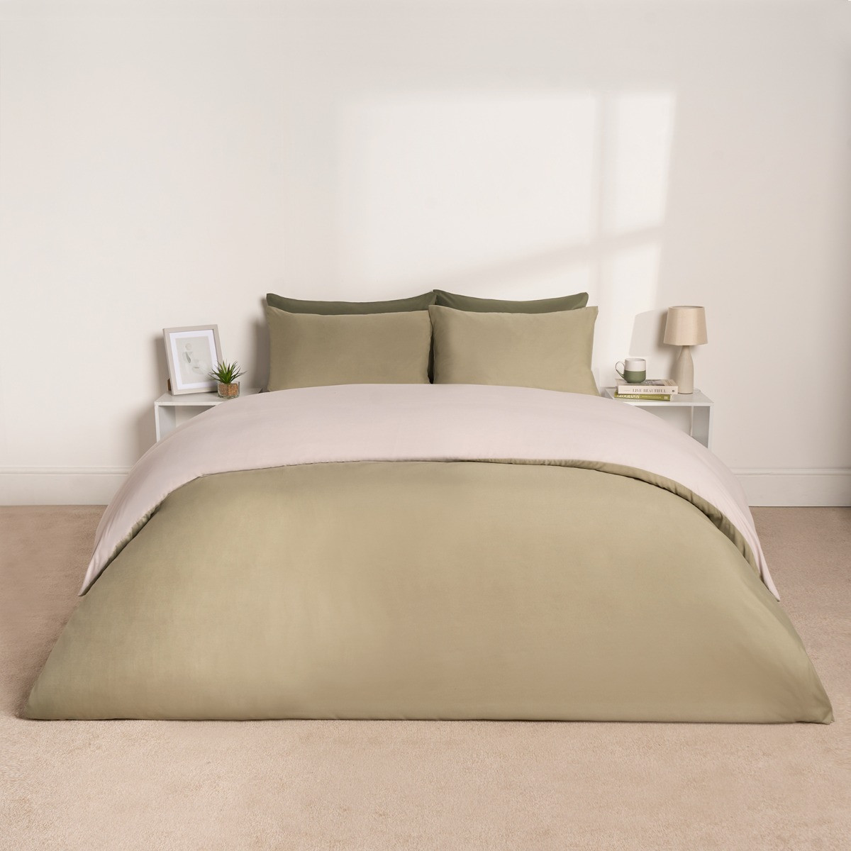 Brentfords Reversible Duvet Cover Set - Natural/Sage>