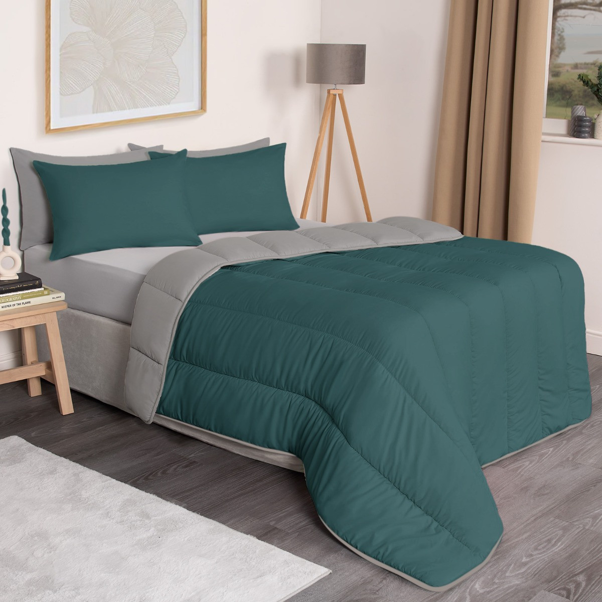 OHS Coverless 10.5 Tog Reversible Duvet & Pillowcase - Teal/Grey>