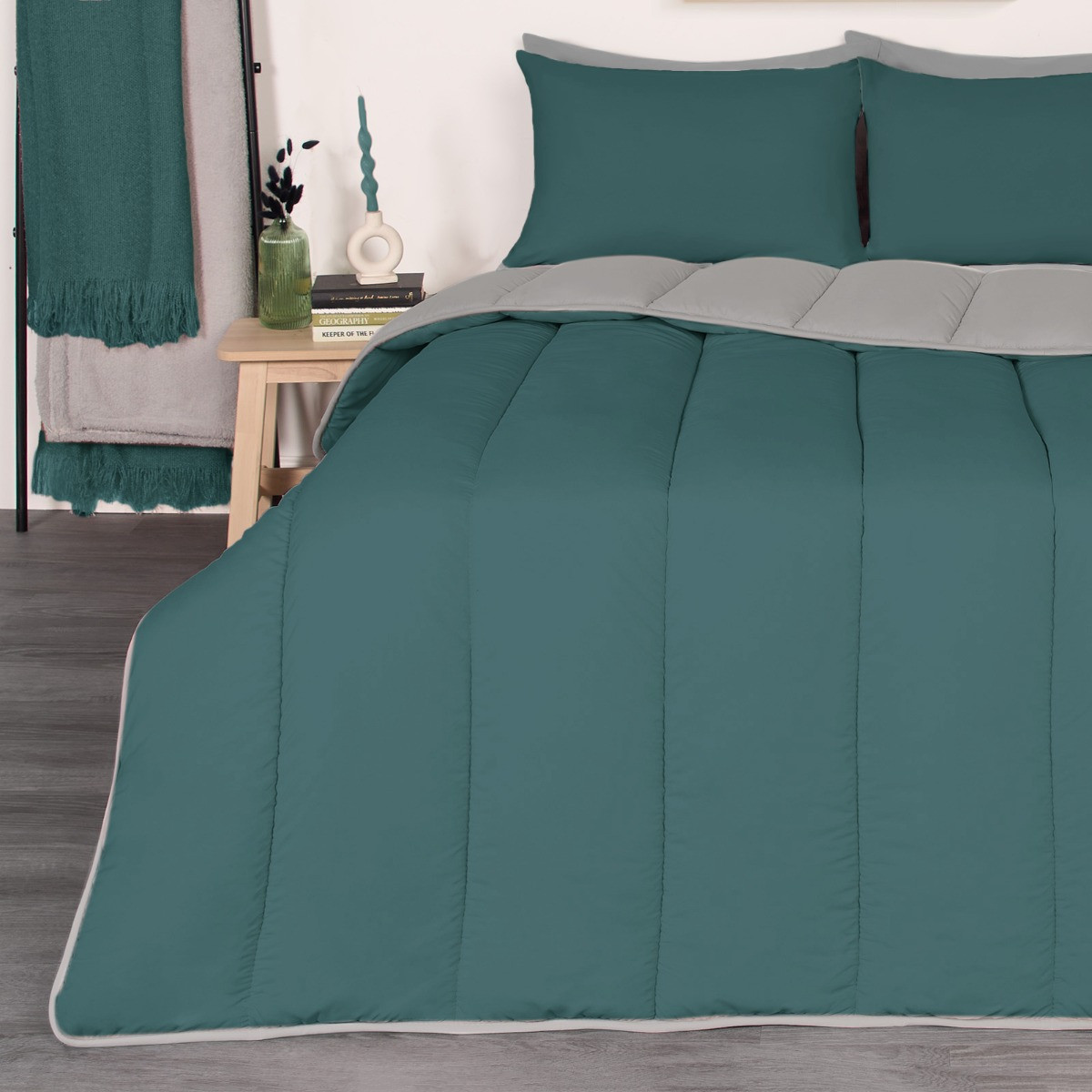 OHS Coverless 10.5 Tog Reversible Duvet & Pillowcase - Teal/Grey>