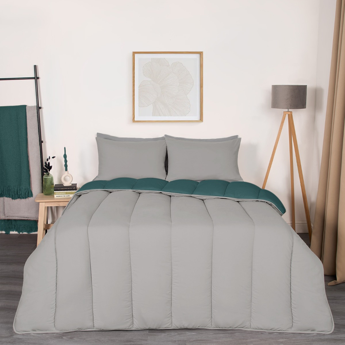 OHS Coverless 10.5 Tog Reversible Duvet & Pillowcase - Teal/Grey>