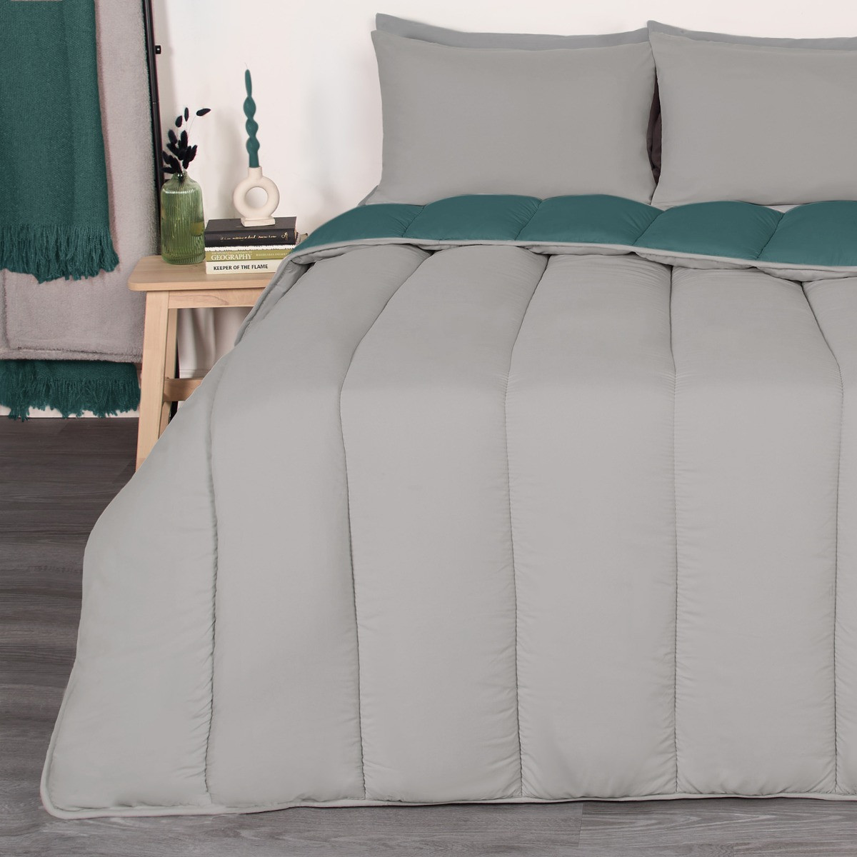 OHS Coverless 10.5 Tog Reversible Duvet & Pillowcase - Teal/Grey>