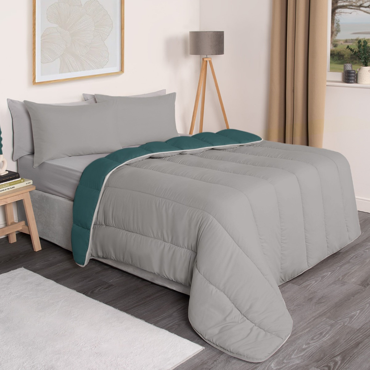 OHS Coverless 10.5 Tog Reversible Duvet & Pillowcase - Teal/Grey>