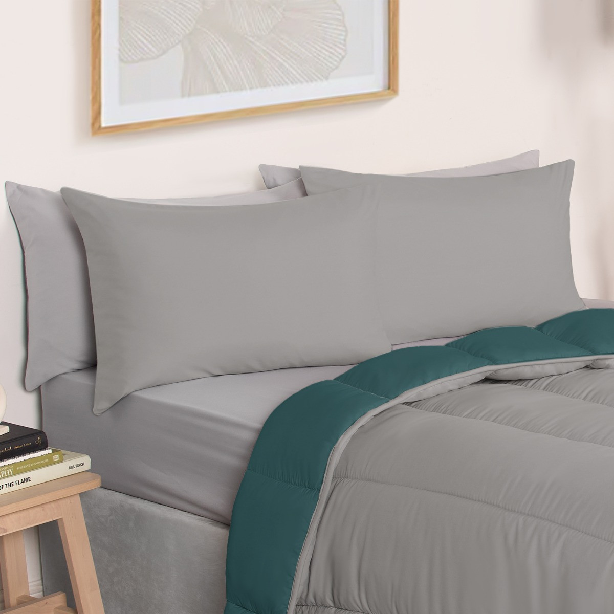 OHS Coverless 10.5 Tog Reversible Duvet & Pillowcase - Teal/Grey>