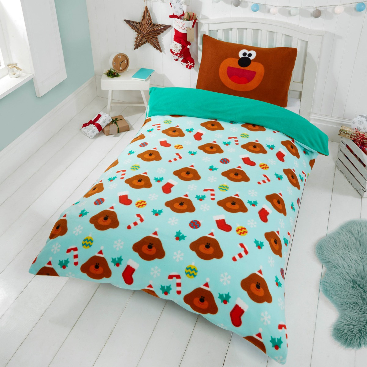 Kids Hey Duggee Christmas Decor Fleece Duvet Cover Set, Green - Single>