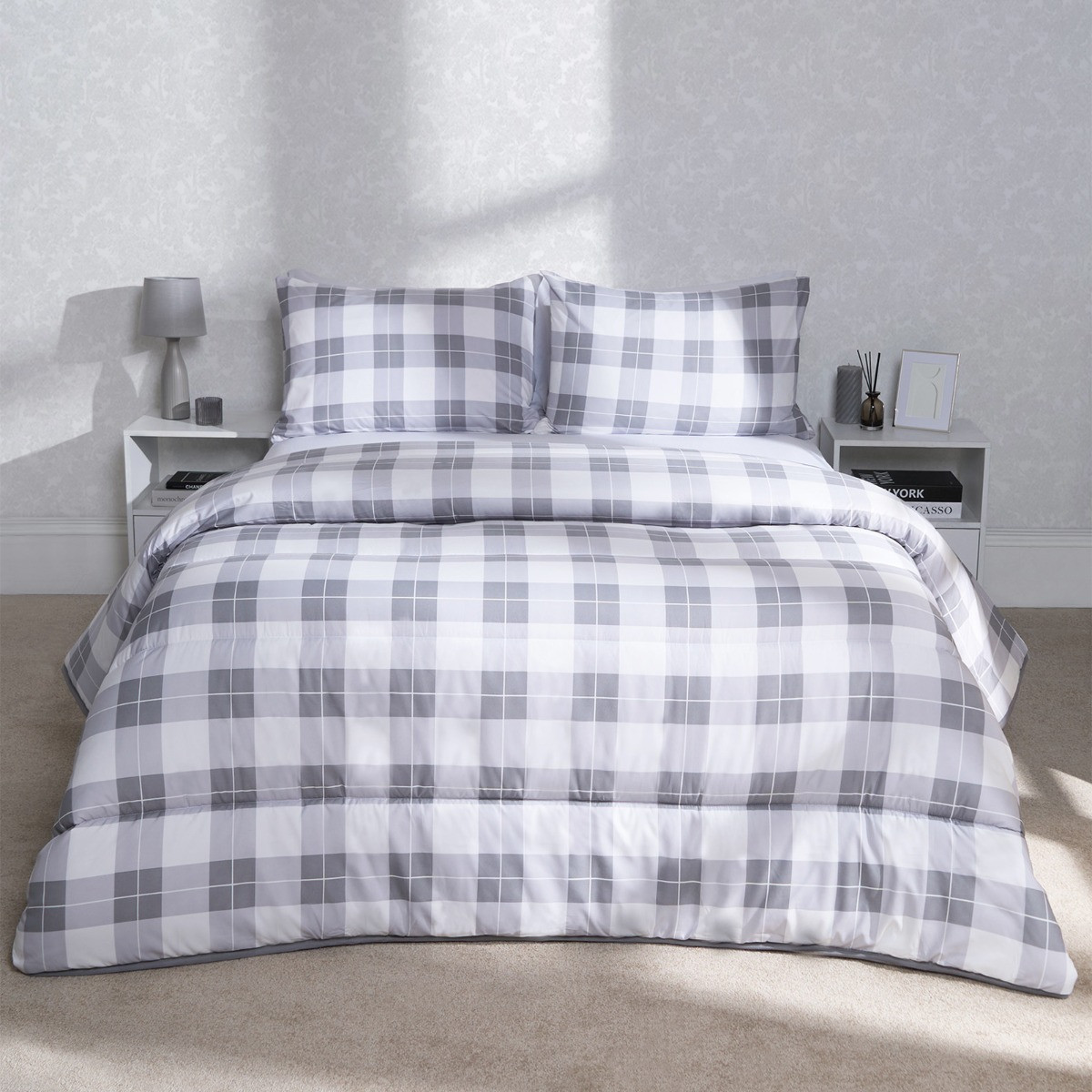 OHS Gingham Coverless 10.5 Tog Duvet & Pillowcases, Grey - King>