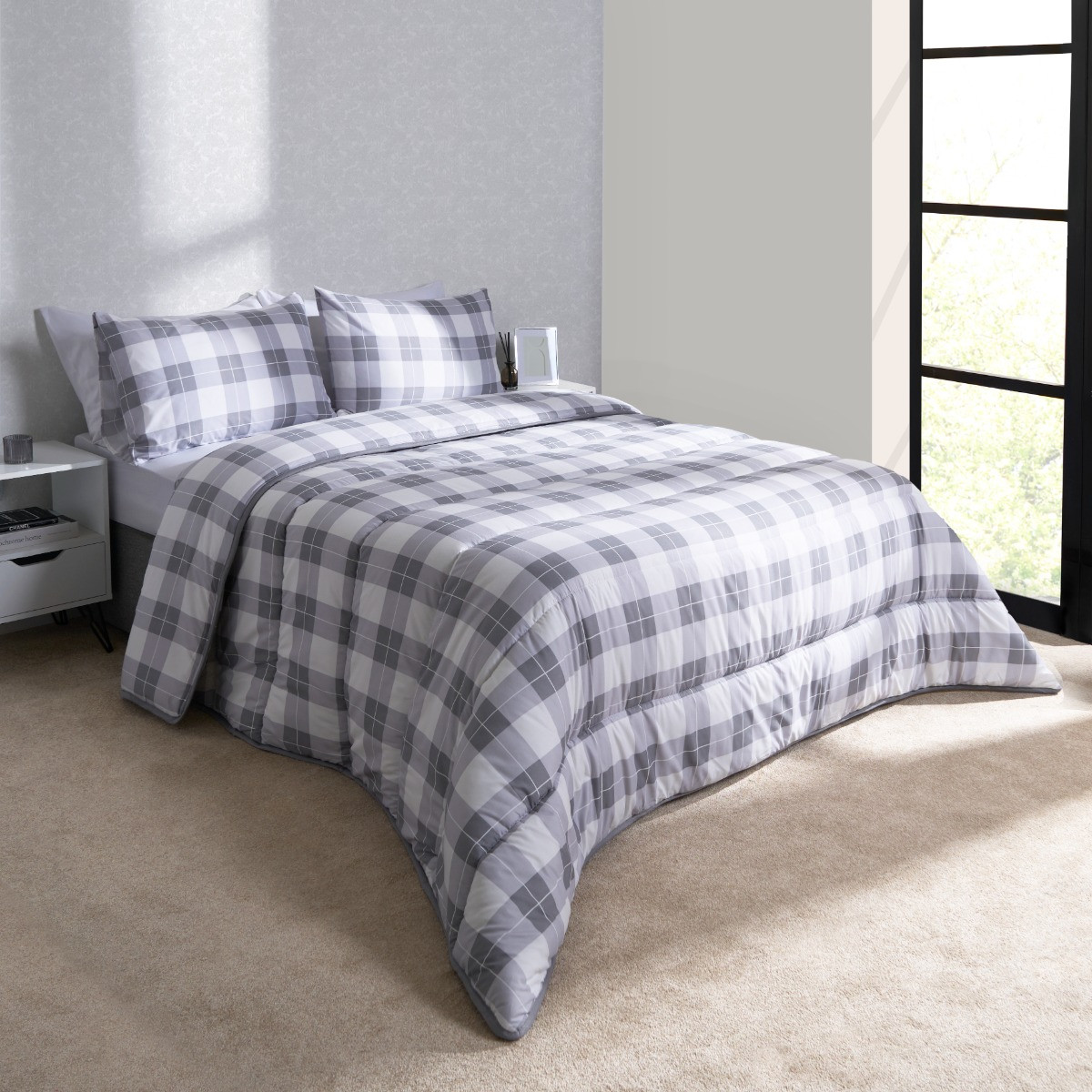 OHS Gingham Coverless 10.5 Tog Duvet & Pillowcases, Grey - King>