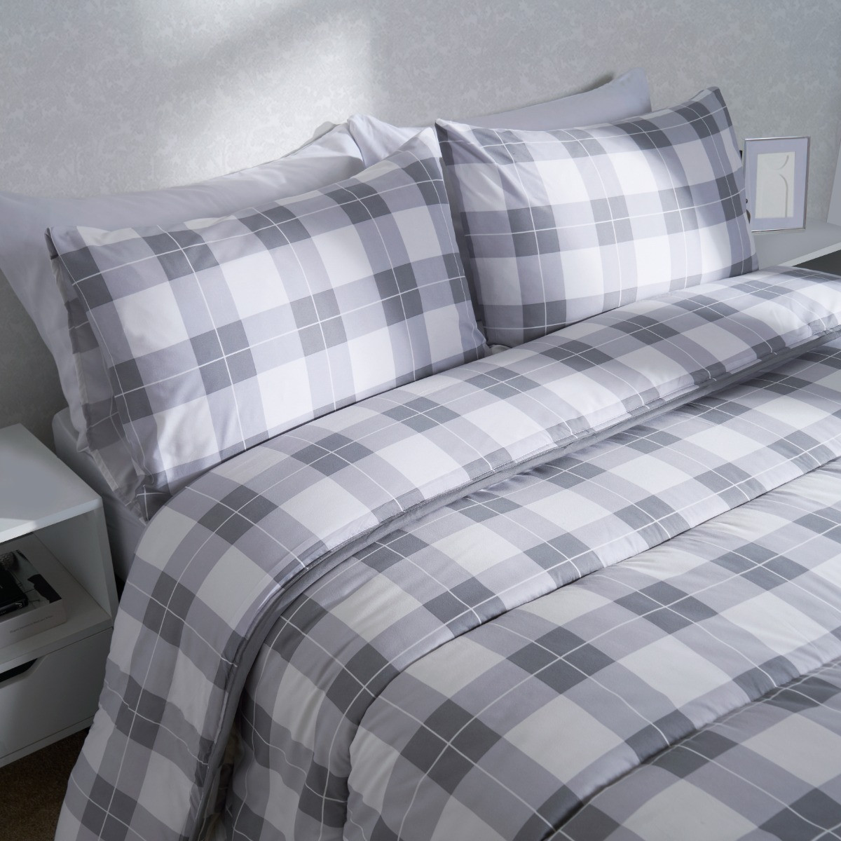 OHS Gingham Coverless 10.5 Tog Duvet & Pillowcases, Grey - King>