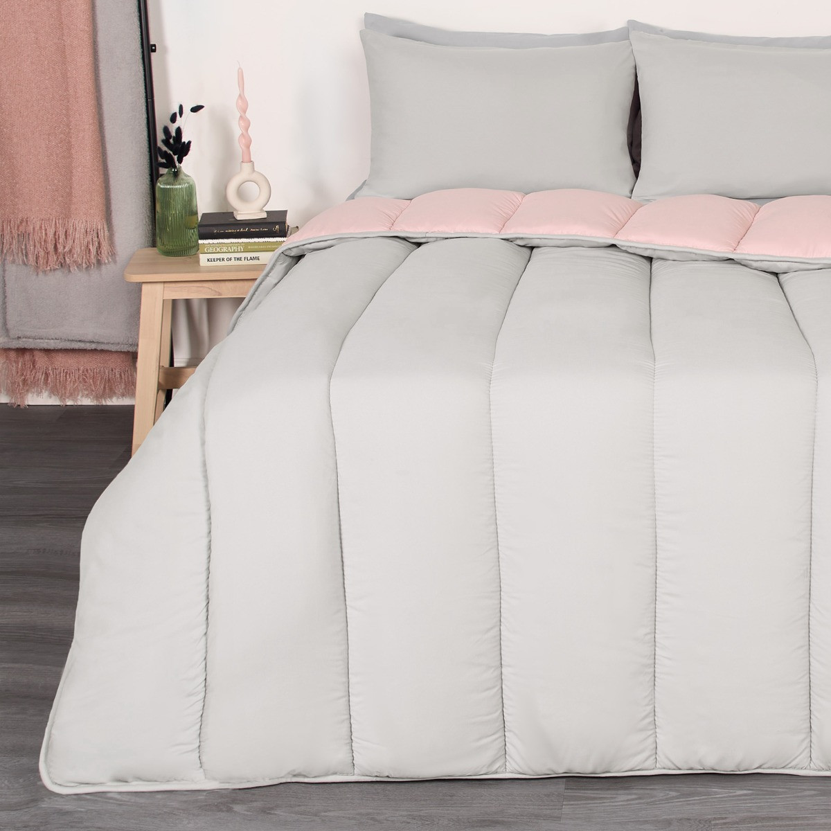 OHS Coverless 10.5 Tog Reversible Duvet & Pillowcase - Blush/Grey>