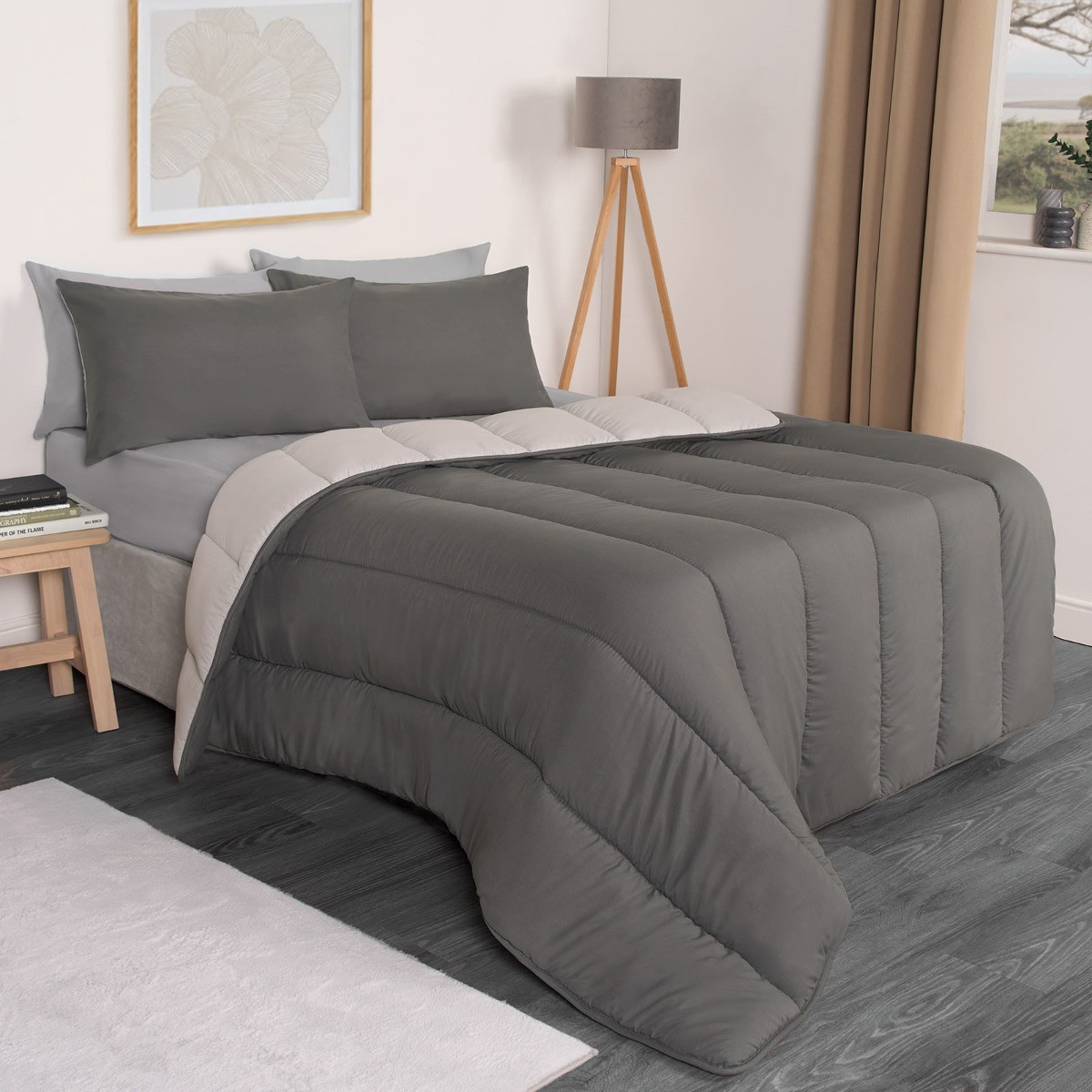OHS Coverless 10.5 Tog Reversible Duvet & Pillowcase, Silver/Grey - Single>